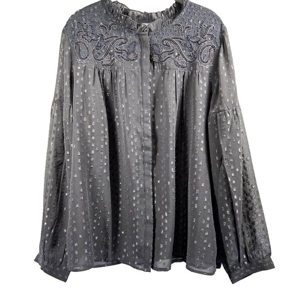 Chicos Women's Blouse Size XL Whimsy Goth Metallic Gray Beaded Bohemian Sheer - Picture 1 of 13